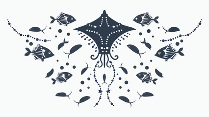marine life silhouettes with manta ray jellyfish and schools of fish © Bablu