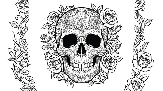 Ornate Filigree Human Skull with Roses &ndash; Decorative Gothic Line Art Vector with Floral Borders