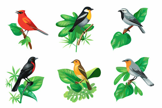 seven different bird species perched on leafy branches vector illustration