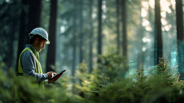 A forestry engineer in a white helmet and safety vest uses a digital tablet to collect data in a lush green forest. Modern technology enhances sustainable forest management practices