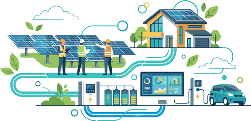Smart green energy system vector illustration with engineers solar panels house battery storage monitor and electric car charging © msttaniyaakter