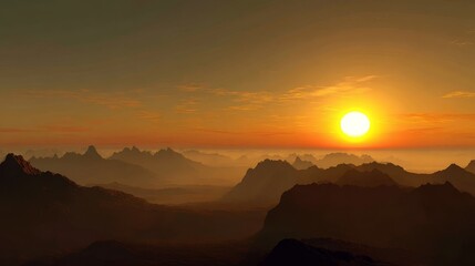 Obraz premium Mountain Sunrise over Textured Highland Peaks with Amber Light and Cool Fog in Peaceful Landscape