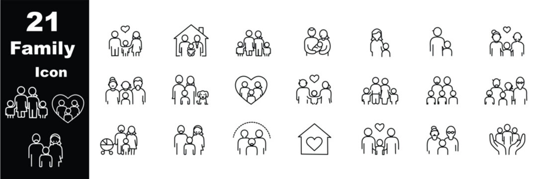 Family relationship vector icon set. Vector glyph pictograms of couple, parent, child, elderly people, pregnancy, parenting, community, single mother,