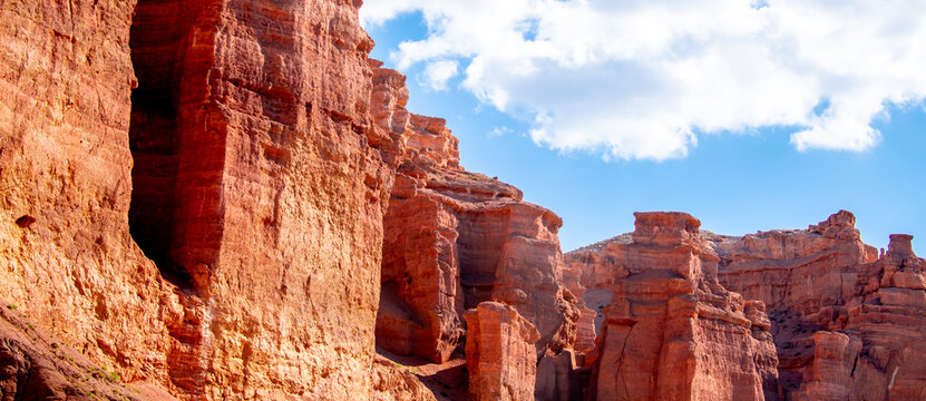 Charyn Canyon, Valley of Castles. The excellence of Kazakhstan. Panorama of natural unusual landscape. The red canyon of extraordinary beauty looks like a Martian landscape.