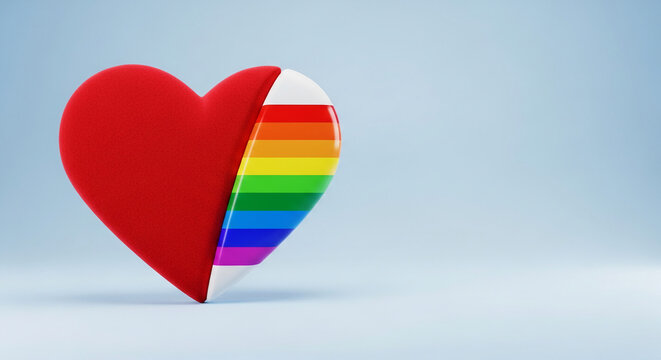 Red heart half revealed with rainbow colors, symbolizing love, pride, and diversity. Valentine's Day, celebration, or pride event concept.
