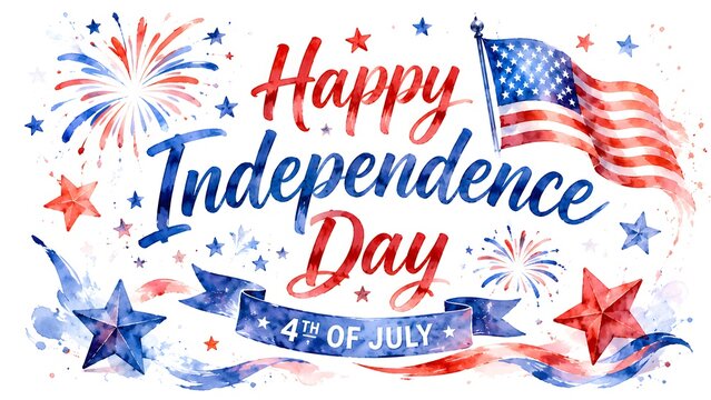 Happy independence day celebration with american flag and fireworks on white background