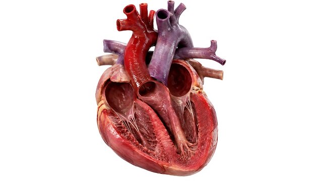 Anatomically Correct Human Heart Sectional View, 3D Rendered Realistic Cardiac Organ with Ventricles and Arteries Isolated on White Background