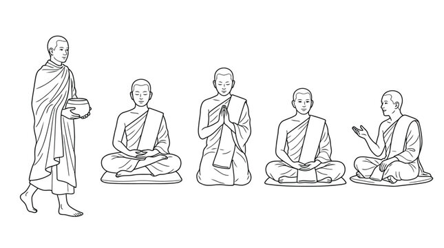 Set of buddhist monks in various poses walking, meditating, praying