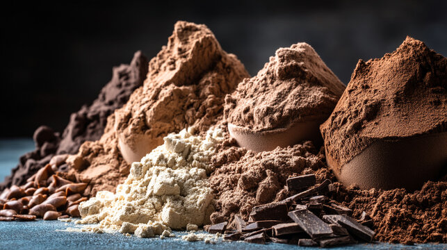Various piles of brown cocoa and chocolate powders with chocolate pieces and nibs