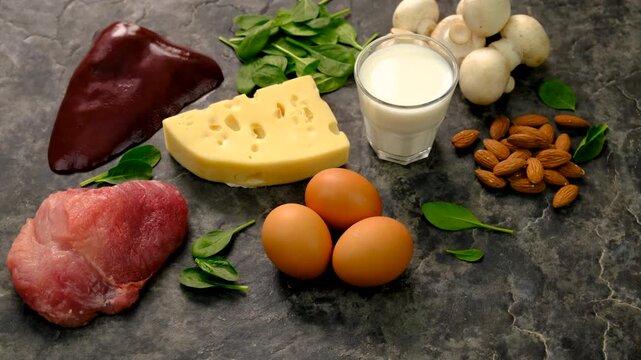 Foods that contain vitamin B2. Selective focus.