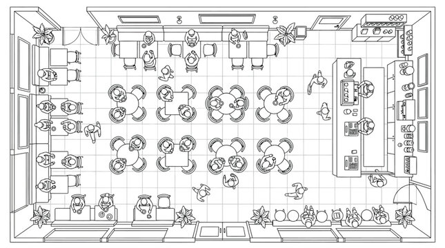 Top view floor plan of a cafe interior with people sitting at tables and staff at counter