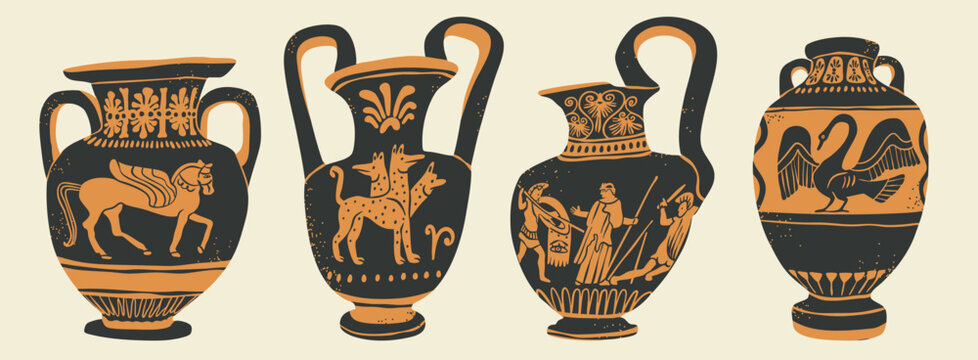 Old Amphorae, vessel, vase set. Various shapes, different ancient ornaments, mythology scenes. Traditional mediterranean ceramic, clay work. Hand drawn Vector illustration. Isolated design elements
