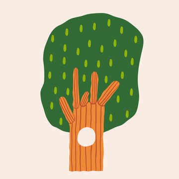 Quirky green Tree. Unique modern cartoon, childish, unique, scandinavian style forest tree. Hand drawn trendy Vector illustration. Isolated design element. Logo, sticker, icon, print template