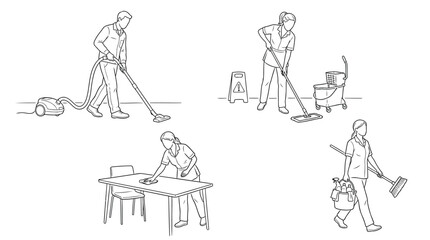 Obraz premium Professional cleaning service staff line art set, janitors vacuuming, mopping and wiping