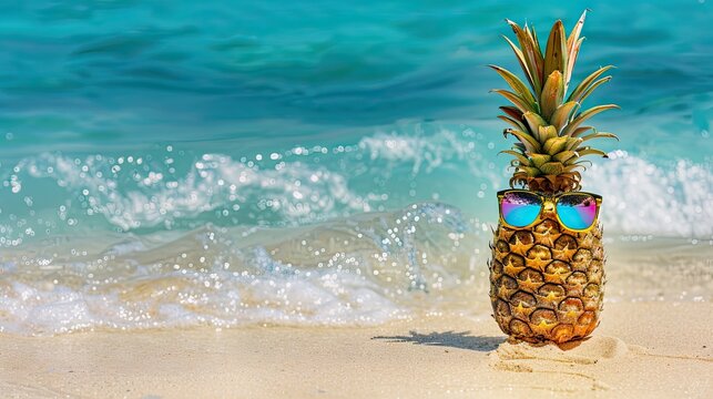 Tropical Delight: Pineapple With Sunglasses Enjoying Beach Day