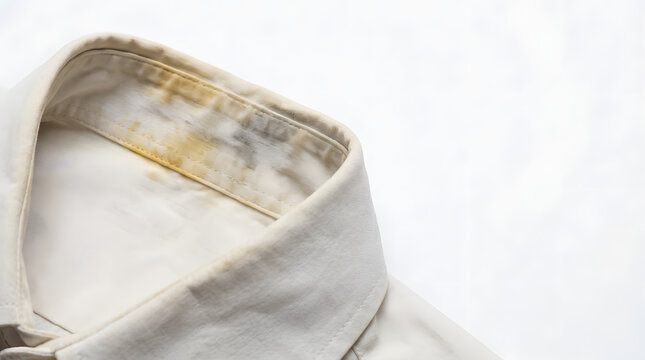 Grease stains on white cotton shirt collar with copy space