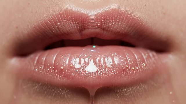 Close-Up Shot of Glossy Glittering Lips with Shimmering Liquid Droplet for Captivating Beauty and Cosmetic Aesthetic