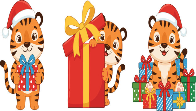 Cute Cartoon Christmas Tiger Cubs with Colorful Gift Boxes &mdash; Three Pose Vector Illustration Set