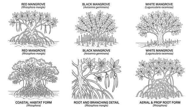 Set of three different types of mangrove trees with their specific root systems and structures