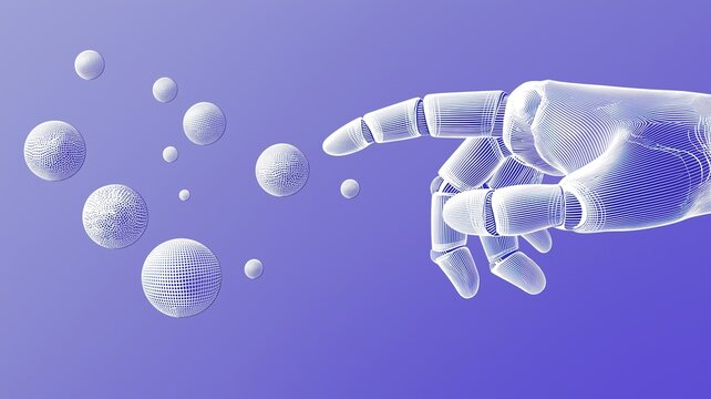 Wireframe mesh robotic hand reaching to floating wireframe spheres on solid purple background represents digital technology and 3d engineering concept