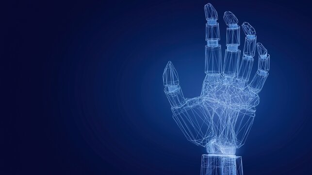 Glowing blue wireframe 3D model of open robotic hand on dark blue background represents digital artificial intelligence technology concept