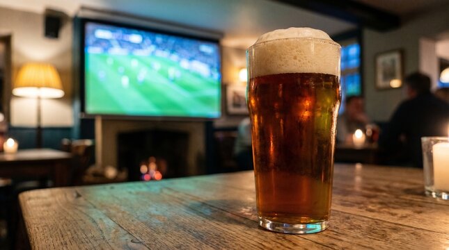 Pint of amber beer on wooden table in pub with television showing soccer match in background. Concept of World Cup, global sports celebration, international football competition