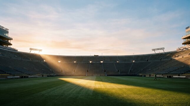 Empty sports stadium at sunrise with sunlight streaming onto the green field, seating areas in the background. Concept of World Cup, global sports celebration, international football competition