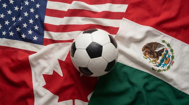 Soccer ball on top of North American flags representing Canada, United States and Mexico. Concept of global sports celebration, international football competition