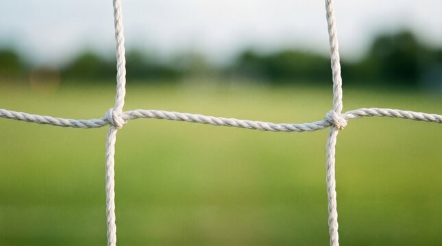 Close up of a soccer net against a blurred green field