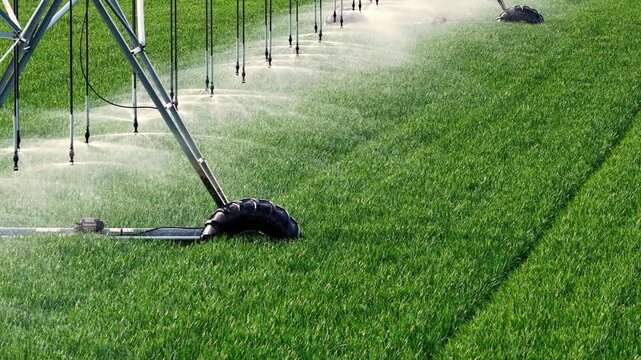 Drone shot of irrigation system watering agricultural wheat field helps to grow plants in the dry season, increases crop yields