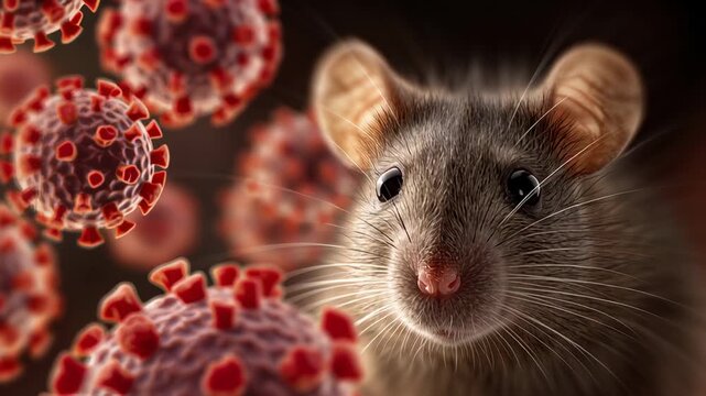 Rat face, surrounded by numerous floating virus cells, representing pathogen transmission, infectious diseases, and the role of rodents as carriers in public health