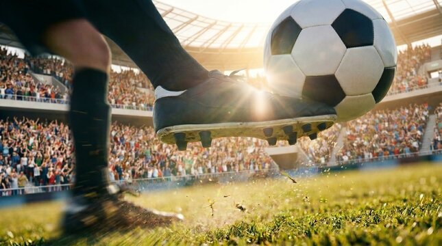 Soccer player in black cleats strikes a soccer ball on a field during a match, stadium crowd in the background. Concept of World Cup, global sports celebration, international football competition