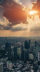 Fototapeta premium Bangkok city skyline at sunset with modern buildings, downtown urban panorama of Thailand capital with skyscrapers and evening sky, aerial drone view