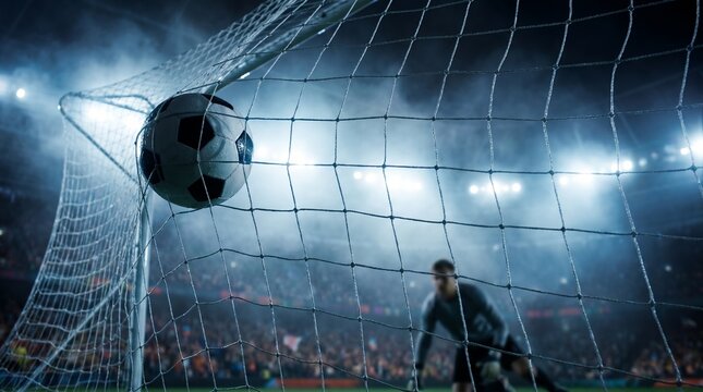 Soccer ball entering goal net during match with blurred goalkeeper in background. Concept of World Cup, global sports celebration, international football competition