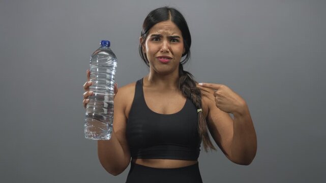 Young hispanic sporty woman in black sports bra holds a large clear plastic water bottle and points finger to herself in a studio grey backdrop; confusion.