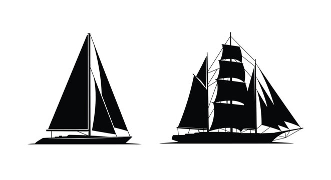 Sailing yachts and ship silhouettes on a white background