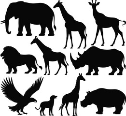 Fototapeta premium Collection of African safari animal silhouettes including elephant, giraffe, lion, rhinoceros, hippopotamus, and eagle isolated on white.