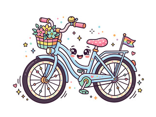 Fototapeta premium Cute Kawaii Bicycle with Flower Basket and Pride Flag Illustration