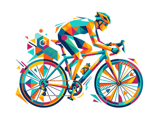 Fototapeta premium Vibrant geometric illustration of a dynamic cyclist speeding forward, symbolizing an energetic, healthy lifestyle and modern eco-friendly urban mobility