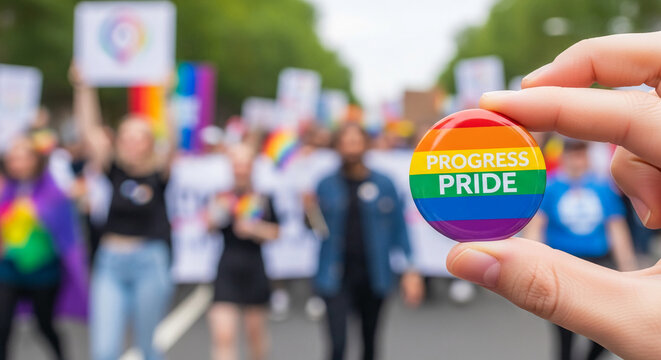 Hand holding a rainbow progress pride pin at a parade, representing inclusivity and LGBTQ+ rights, symbolizing a movement towards equality and acceptance