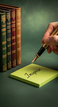 A hand holds a gold fountain pen writing "Inspire" on a lime green notepad, next to a row of vintage books, symbolizing education and creativity