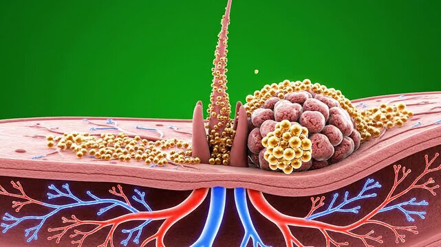 Detailed Medical Illustration of Skin Layers with Hair Follicle and Sebaceous Gland Displaying Blood Vessels Against Green Background