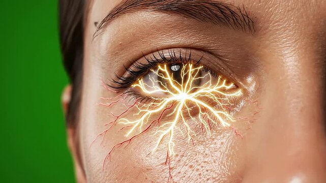 Dynamic Close-Up of Human Eye with Electric Sparks and Visual Effects on Green Screen Background