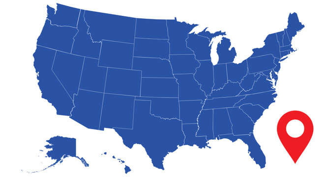 Blue map of United States with red location marker pin. Editable vector for travel, navigation or delivery services.