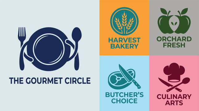 Collection of five diverse food and restaurant logos, including cutlery, fruit, meat, and chef symbols.