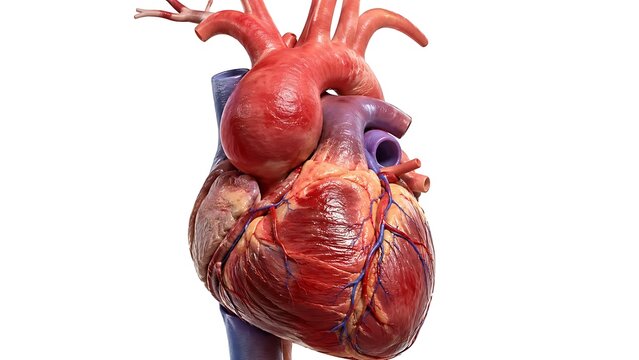 Human heart anatomy 3D illustration, realistic medical organ render on white background, circulatory system concept