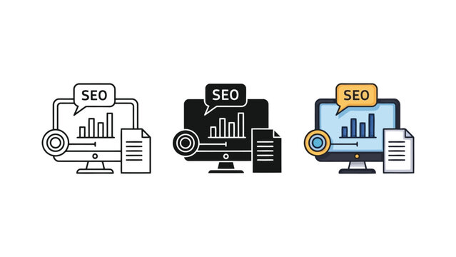 SEO optimization vector illustration set with computer monitor and analytics chart
