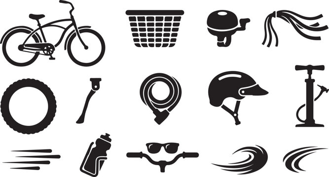 A collection of black silhouettes featuring a bicycle, basket, bell, streamers, tire, kickstand, cable lock, helmet, air pump, water bottle, handlebars with sunglasses, and motion speed lines