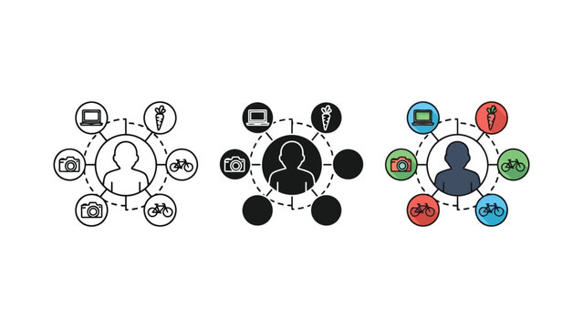 User profile interest icons set with laptop camera carrot and bicycle vector illustration