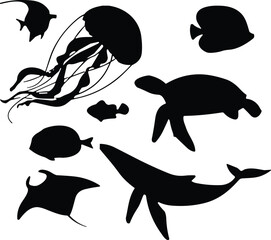 Silhouette marine animals collection including whale, turtle, jellyfish, manta ray, fish, ocean wildlife illustration, underwater sea life design © MDMAHOMUDUL